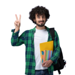 front-view-male-student-wearing-black-backpack-holding-copybooks-files-blue-wall