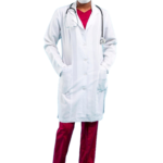 female-doctor-standing-blue-wall